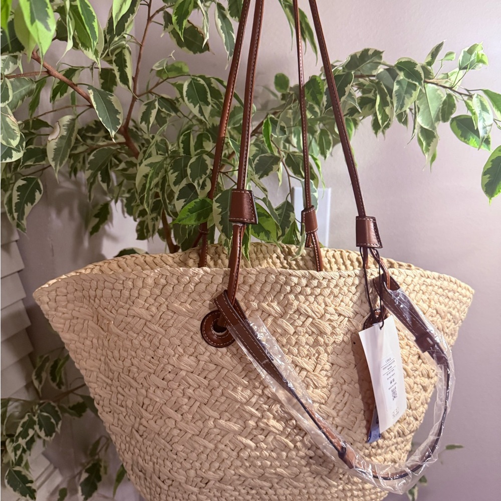 Cider Natural Straw Tote with Brown Leather Straps